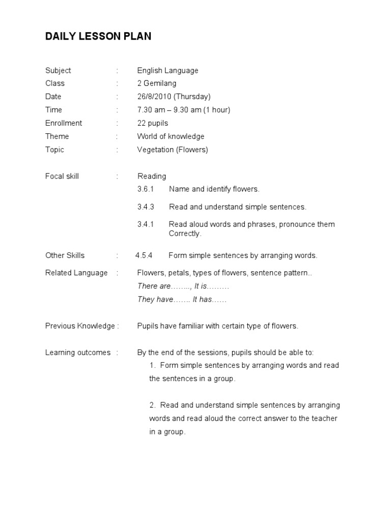 Lesson Plan Flowers PDF Flowers Lesson Plan
