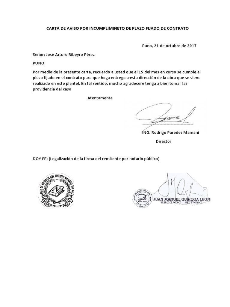 Carta de Aviso Por Incumplimineto de Plazo Fijado de Contrato