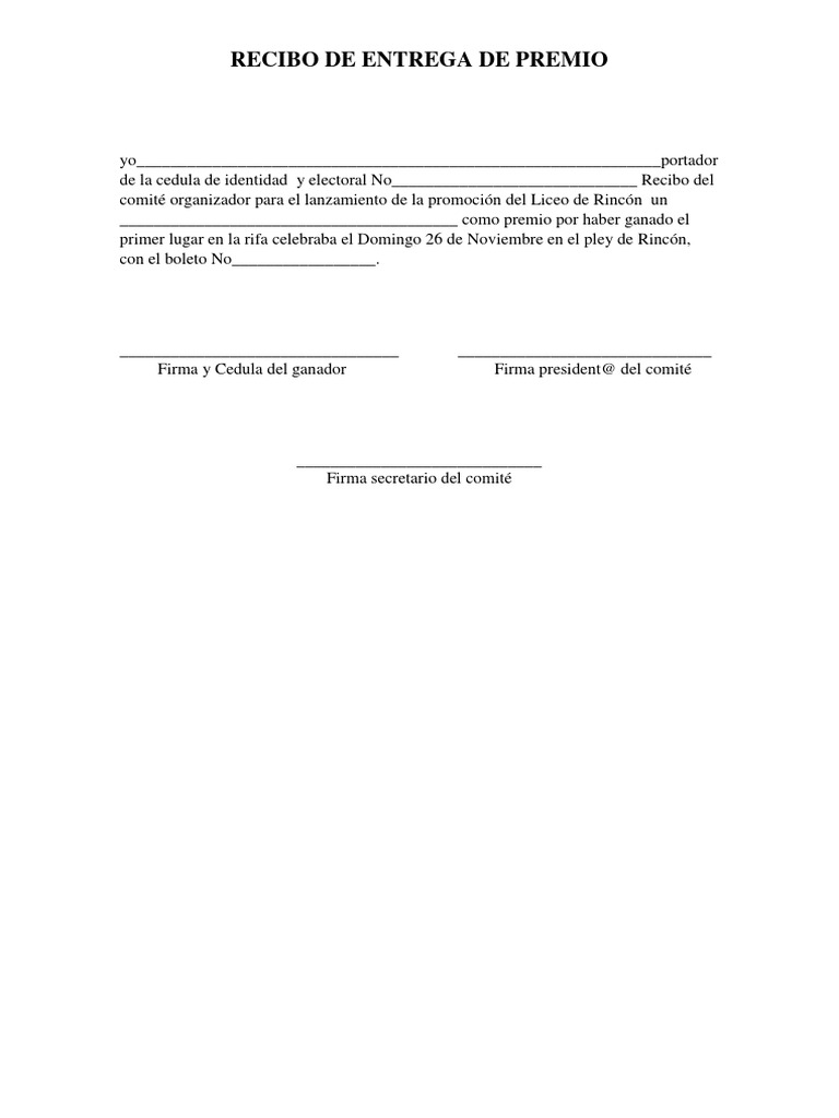 Recibo de Entrega de Premio Rifa | PDF