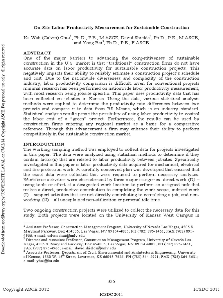On-Site Labor Productivity Measurement For Sustainable Construction ...