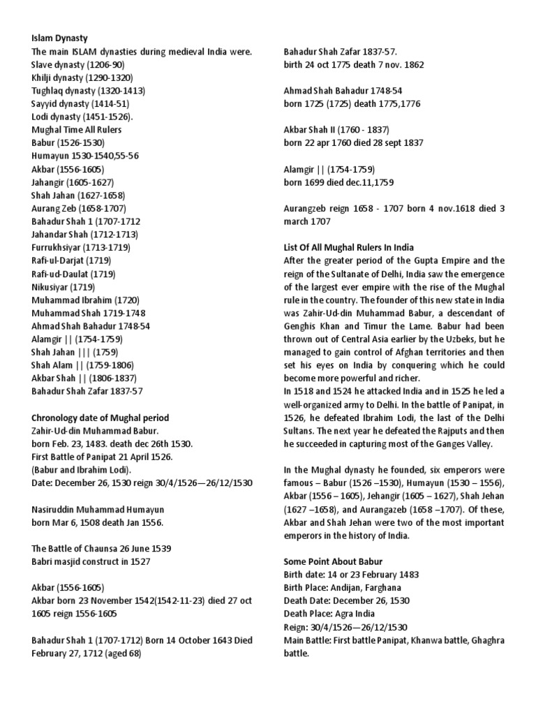 Mughal Notes | PDF | Mughal Empire | Muslim Empires