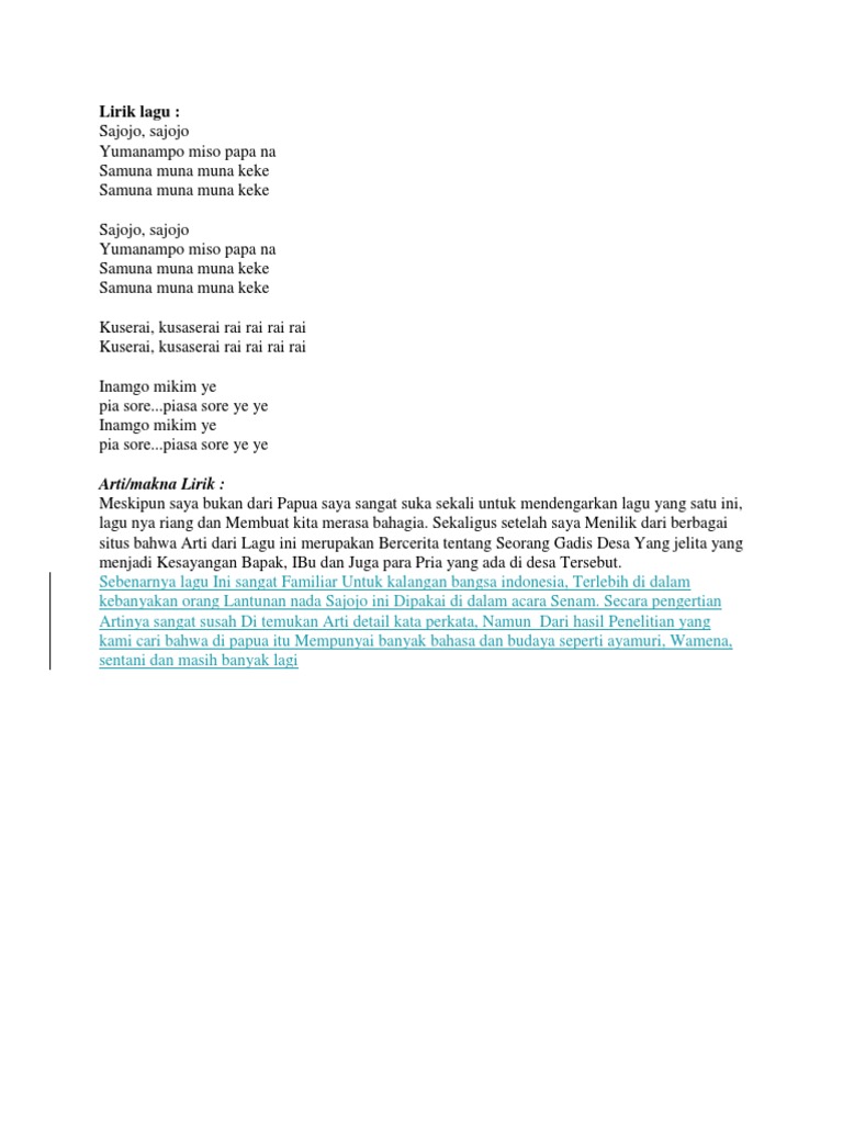 Lirik Lagu Sajojo Lagu Daerah Papua