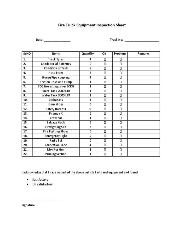 Fire Truck Equipment Inspection Checklist | PDF | Fire Engine ...