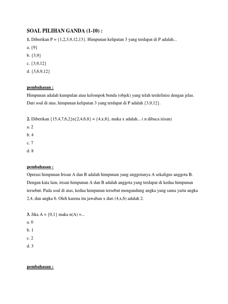 Soal Pilihan Ganda Himpunan