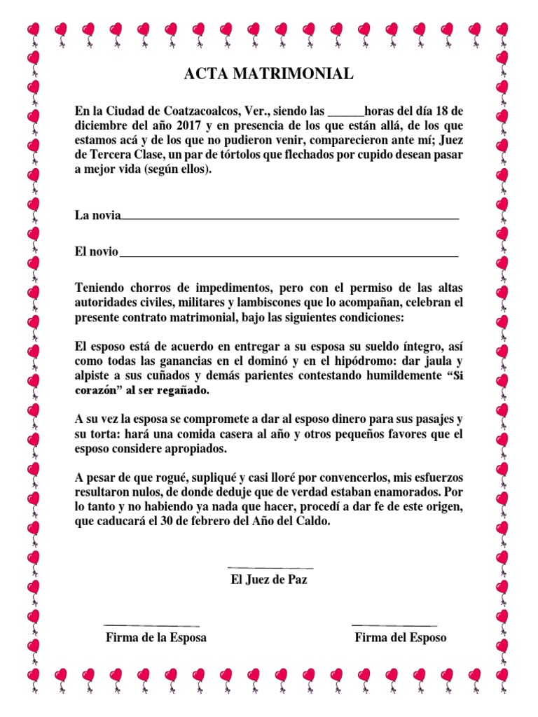 Acta de Matrimonio de Broma Para Imprimir