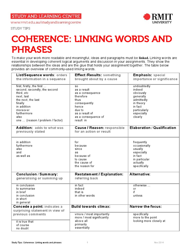 Coherence: Linking Words Guide | PDF | Phrase | Word