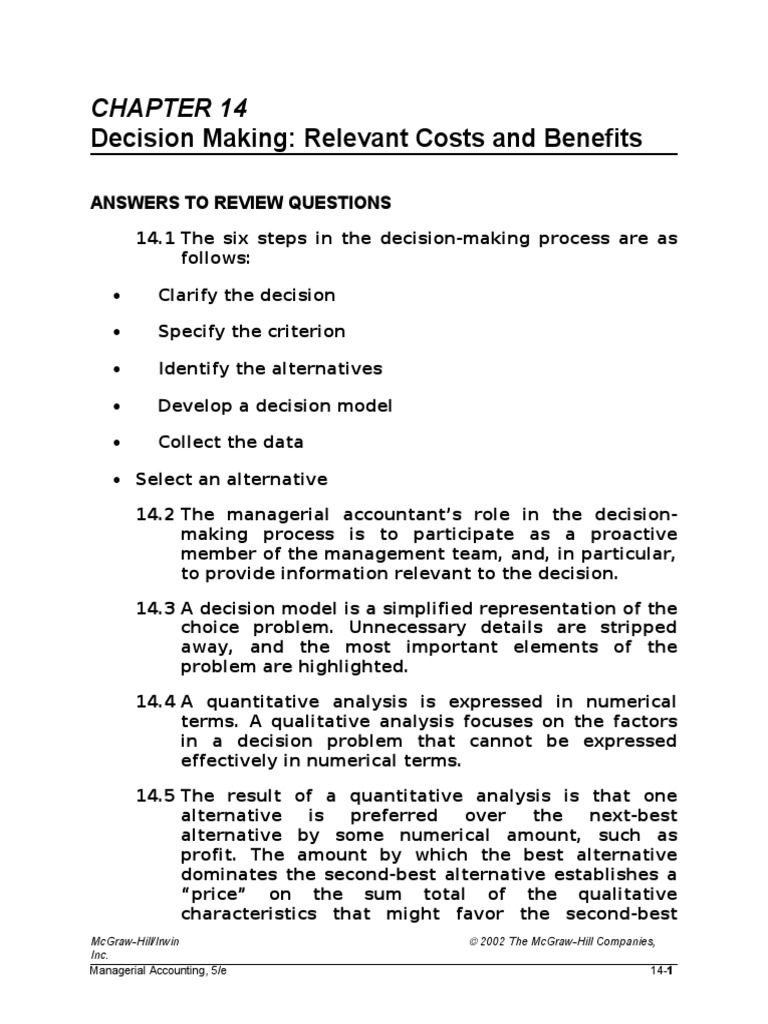 Chapter 14 Solutions Pdf Decision Making Cost