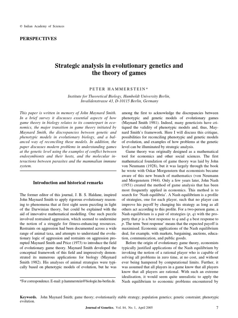 Strategic Analysis in Evolutionary Genetics and The Theory of Games | PDF