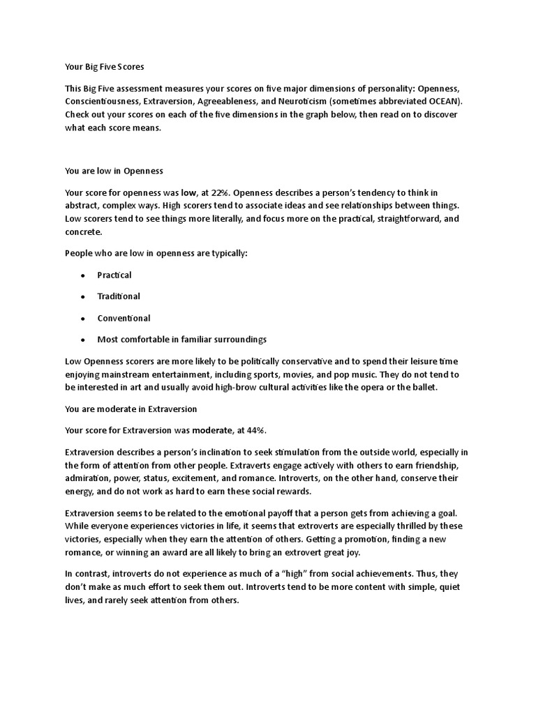 Your Big Five Scores Pdf Extraversion And Introversion