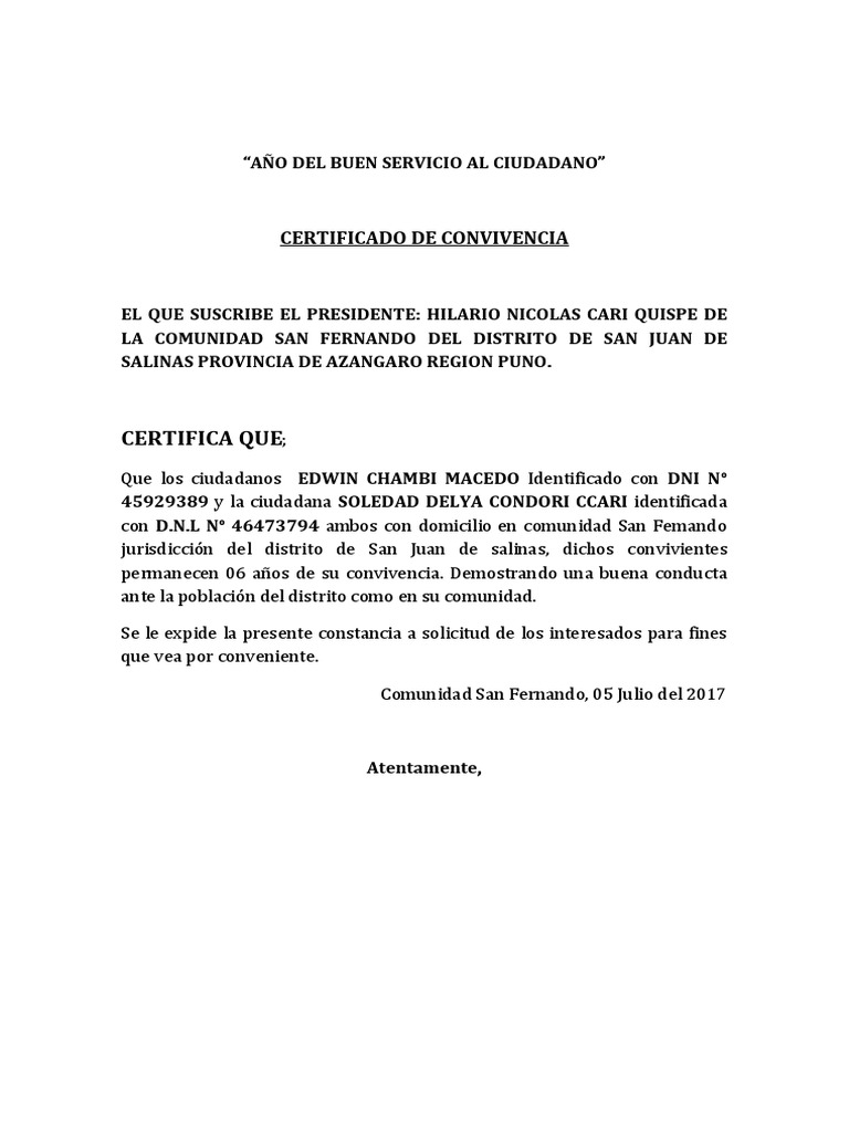 Certificado de Convivencia PDF