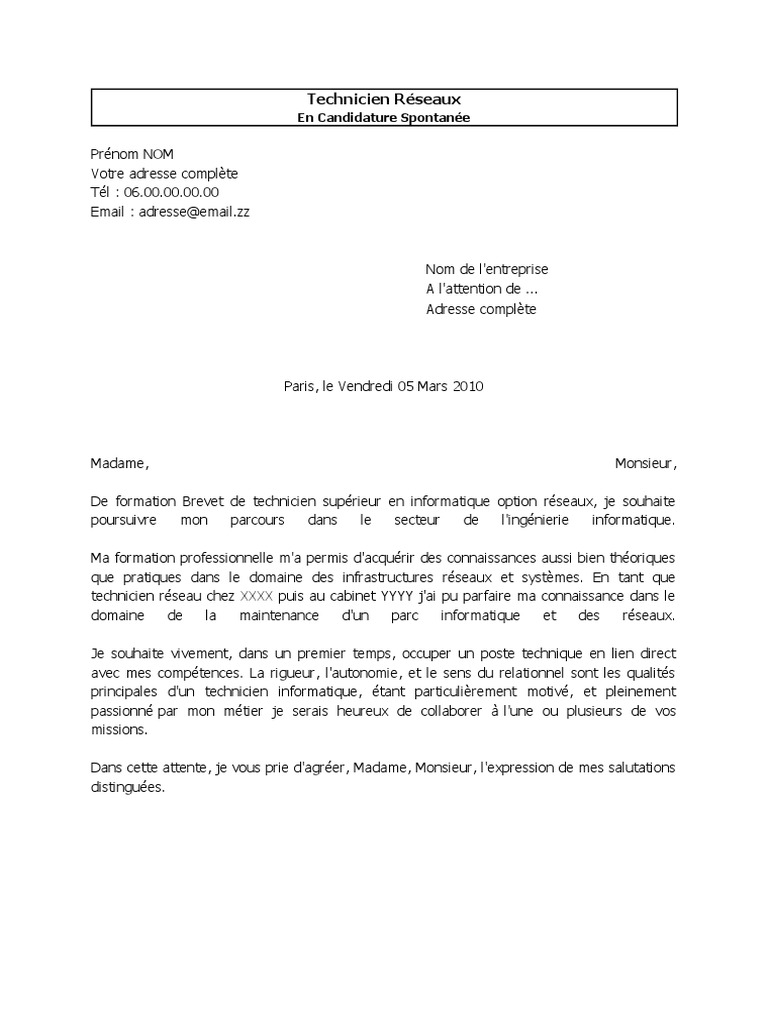 Lettre Motivation Technicien Reseaux  PDF  Informatique