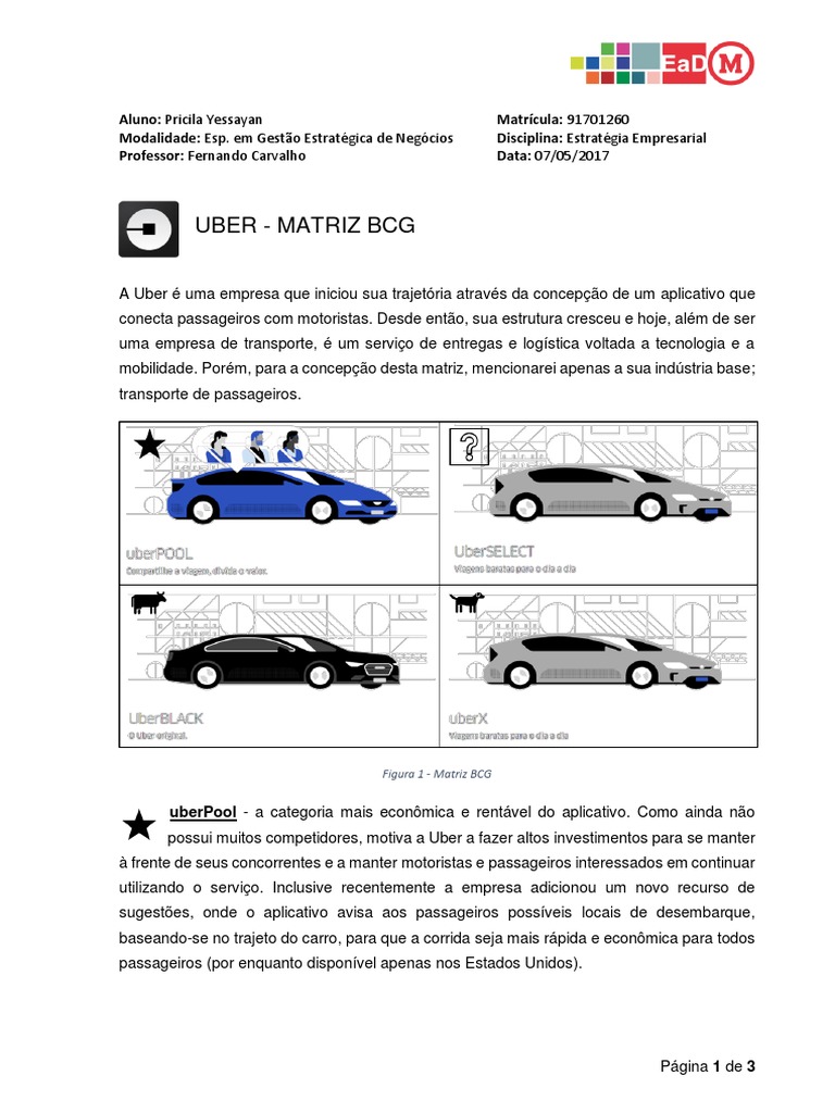 Análise da Matriz BCG da Uber | PDF | Uber (empresa) | Economia