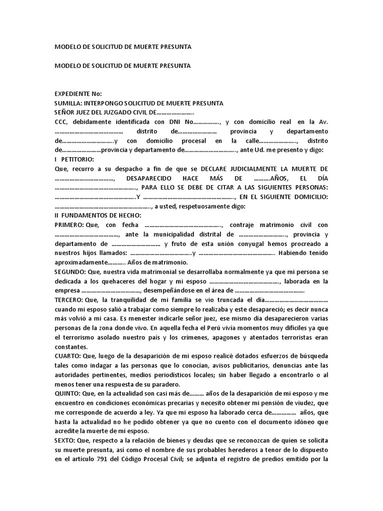 Solicitud de Muerte Presunta | PDF | Demanda judicial | Información del