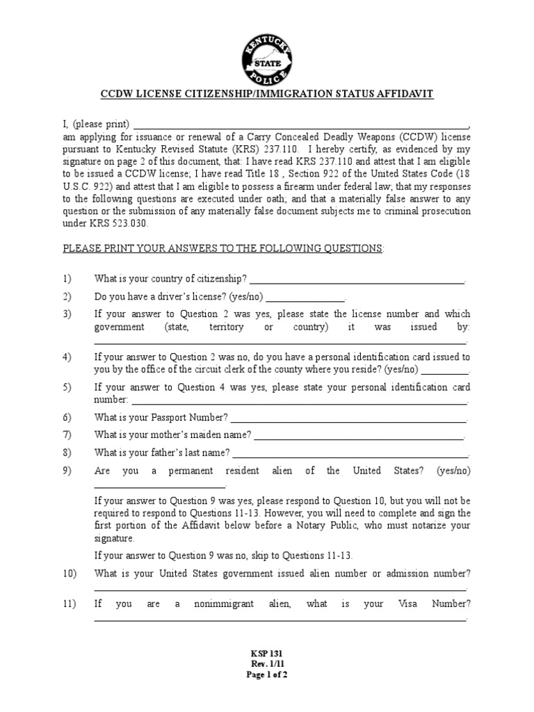 CCDW License Affidavit Form | PDF | Affidavit | Notary Public