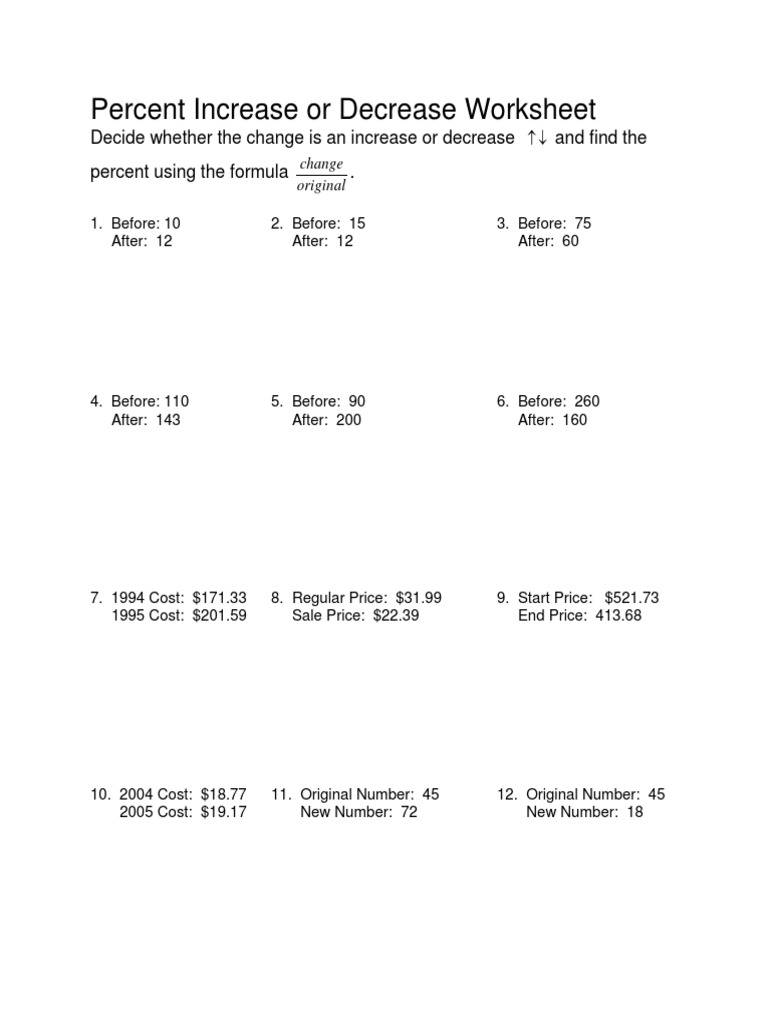 Percent Decrease - Worksheet and  Answers PDF  PDF For Percentage Increase And Decrease Worksheet