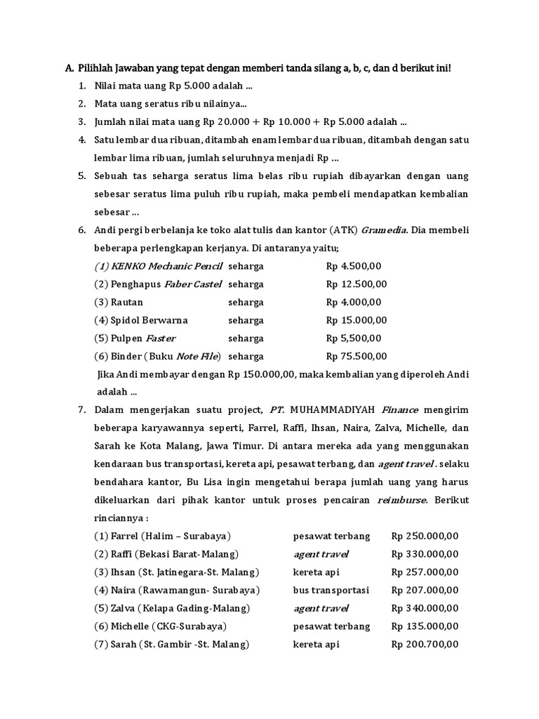 Soal Mtk Kelas 3 Mata Uang