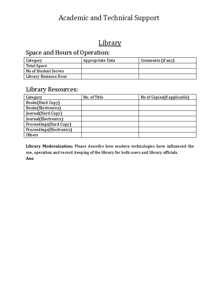 Academic and Technical Support Library: Space and Hours of Operation ...