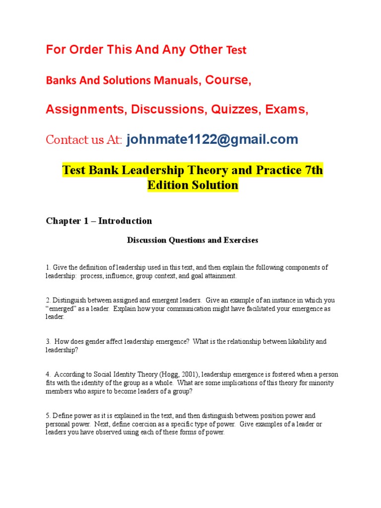Leadership Theory Test Bank 7th Edition | PDF
