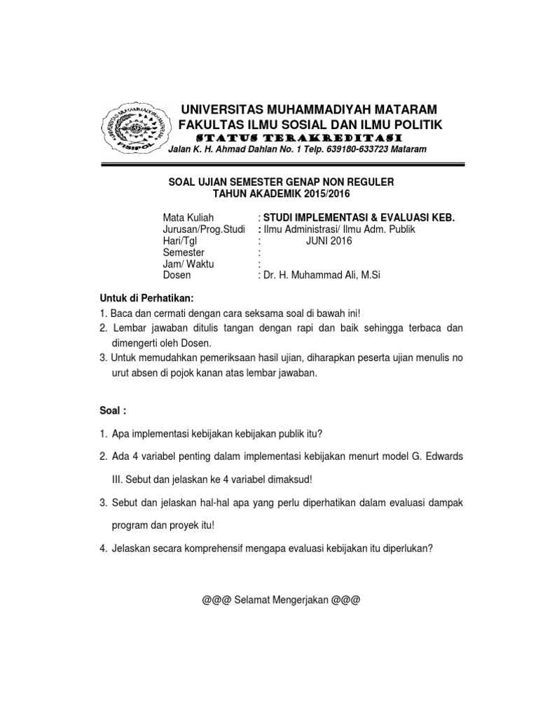 Jawaban Soal Implementasi Kebijakan Publik Dr Ali