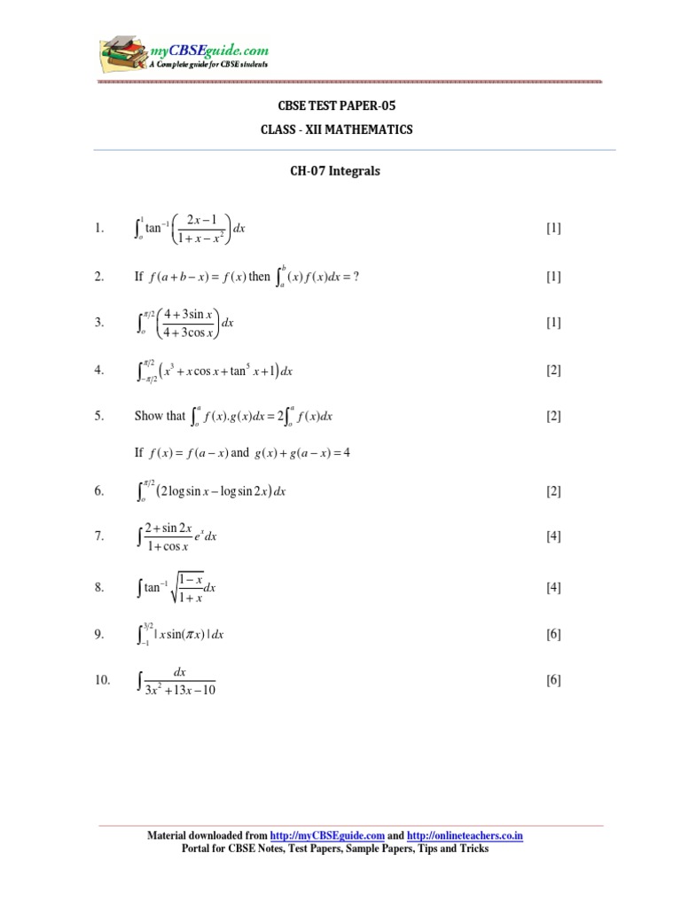 CBSE Class 12 Math: Integrals Test | PDF