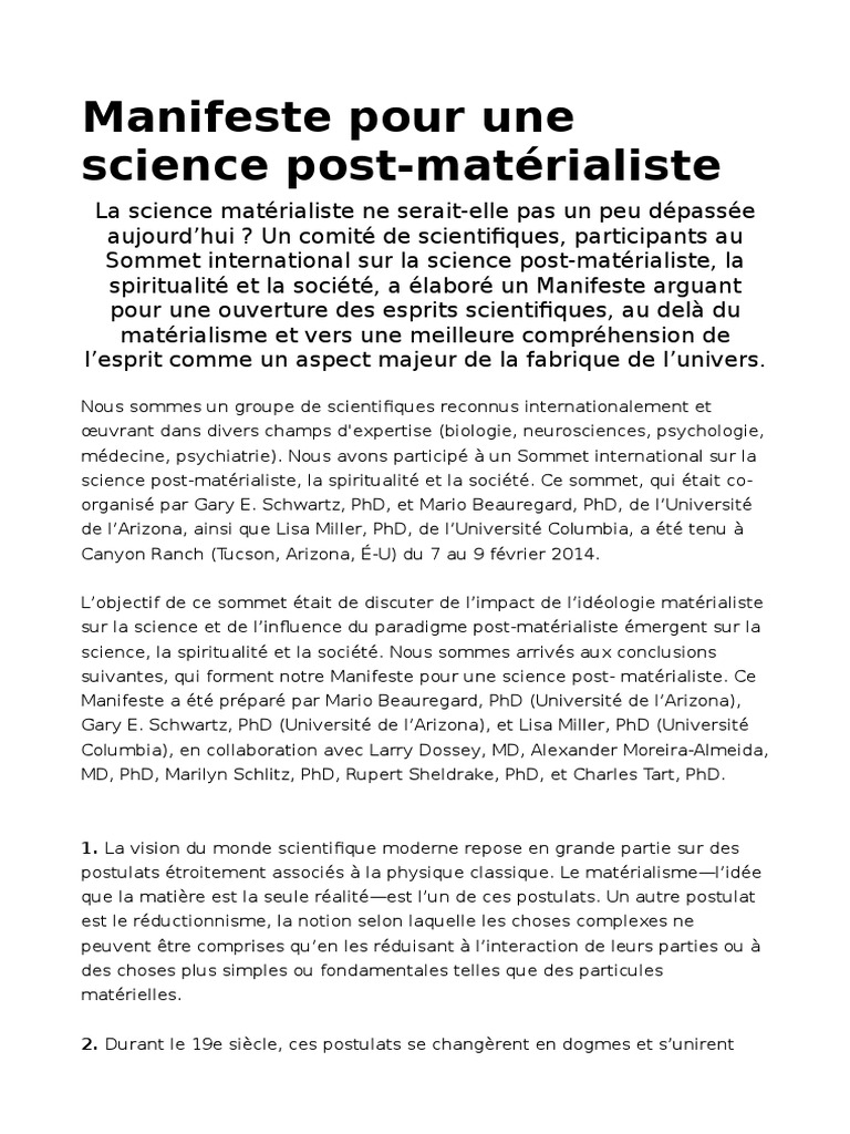 Manifeste Pour Une Science PostMatérialiste. Matérialisme Physique