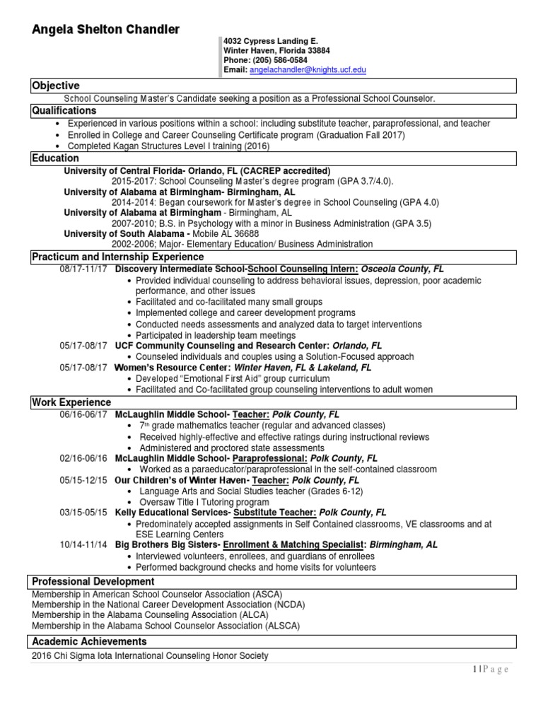 Angela Chandler School Counselor Resume Nov 2017 PDF School