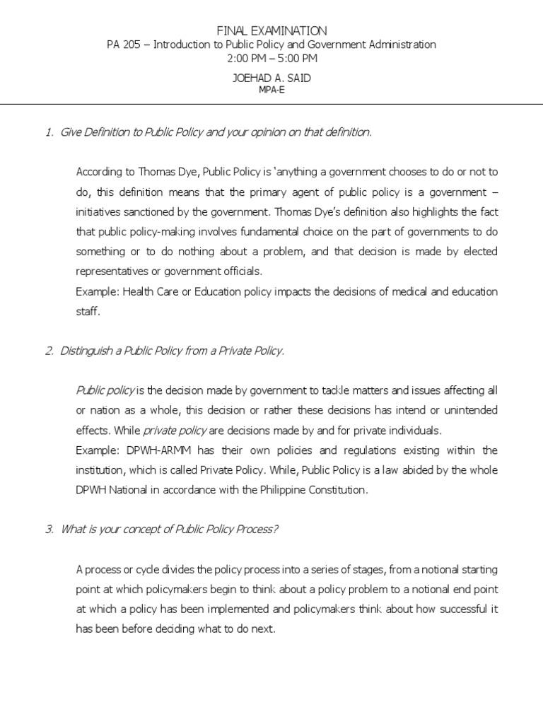 Final Examination PA 205 | PDF | Policy | Social Institutions