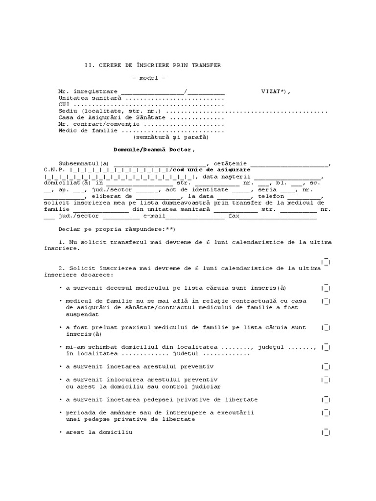 Anexa - 2 - A Cerere Transfer Medic de Familie 2017 | PDF
