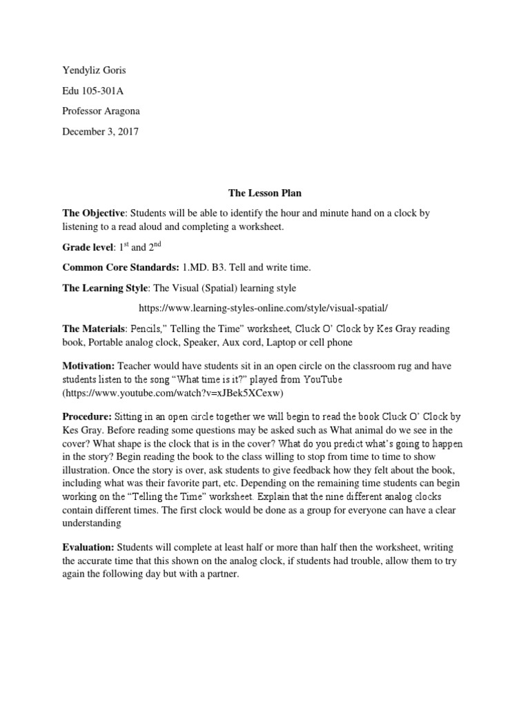 telling time lesson plan