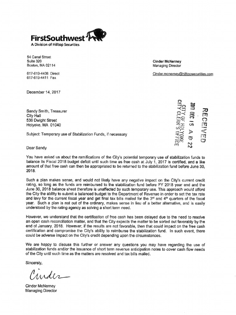 Cinder McNerney s Letter To Holyoke City Treasurer Sandra Smith
