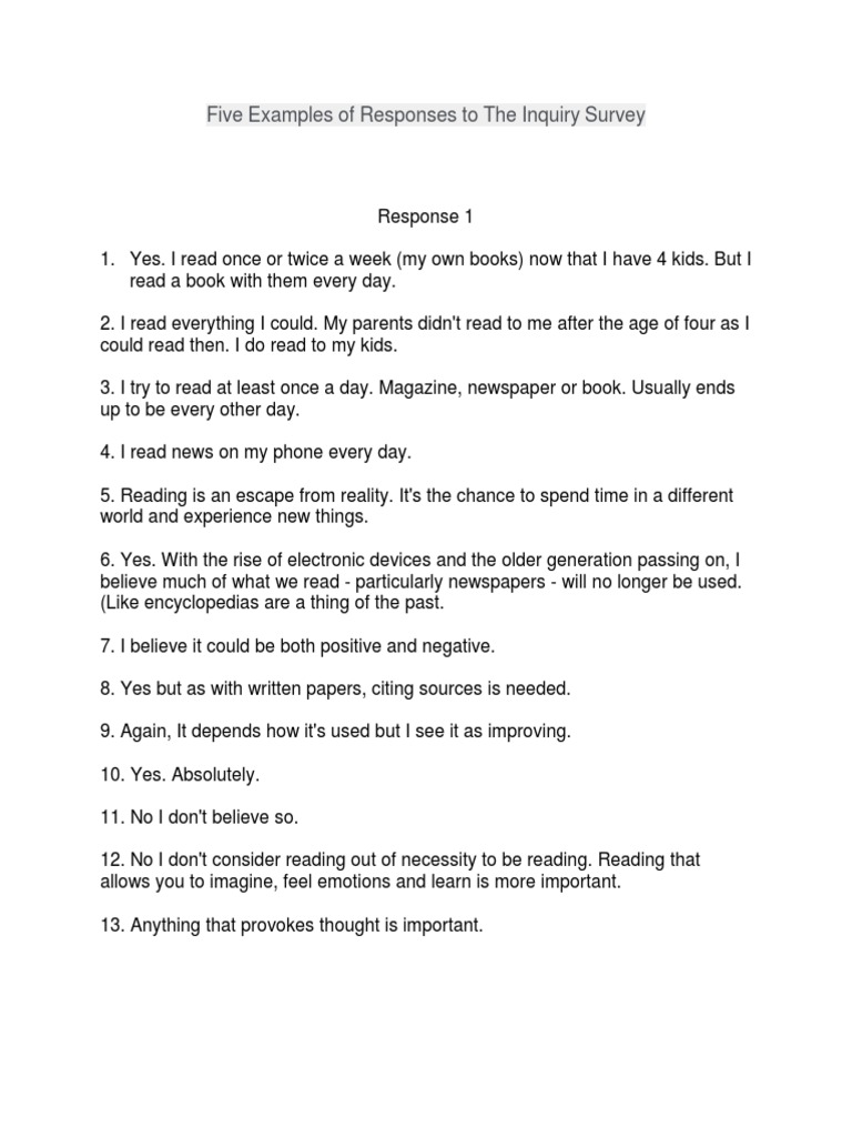 Five Examples of Responses To The Inquiry Survey | PDF | Reading ...