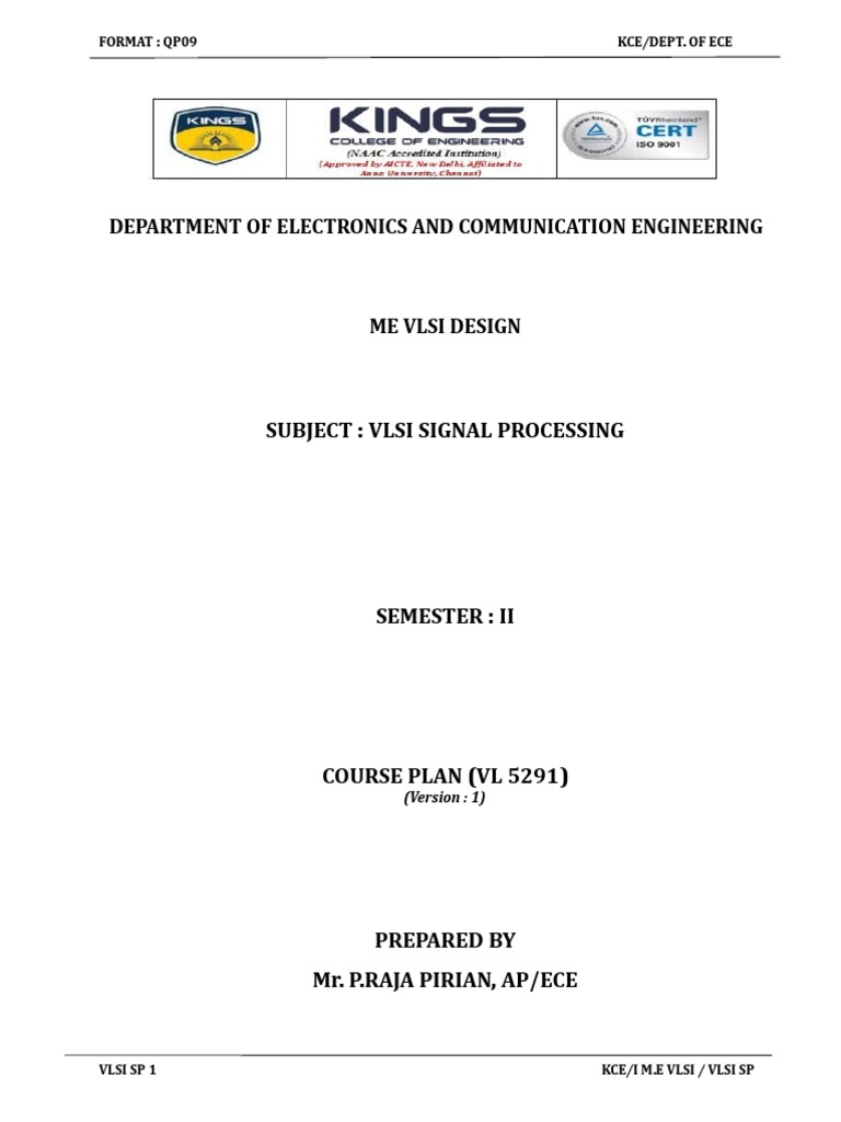 Course Plan for VLSI Signal Processing Subject for Second Semester