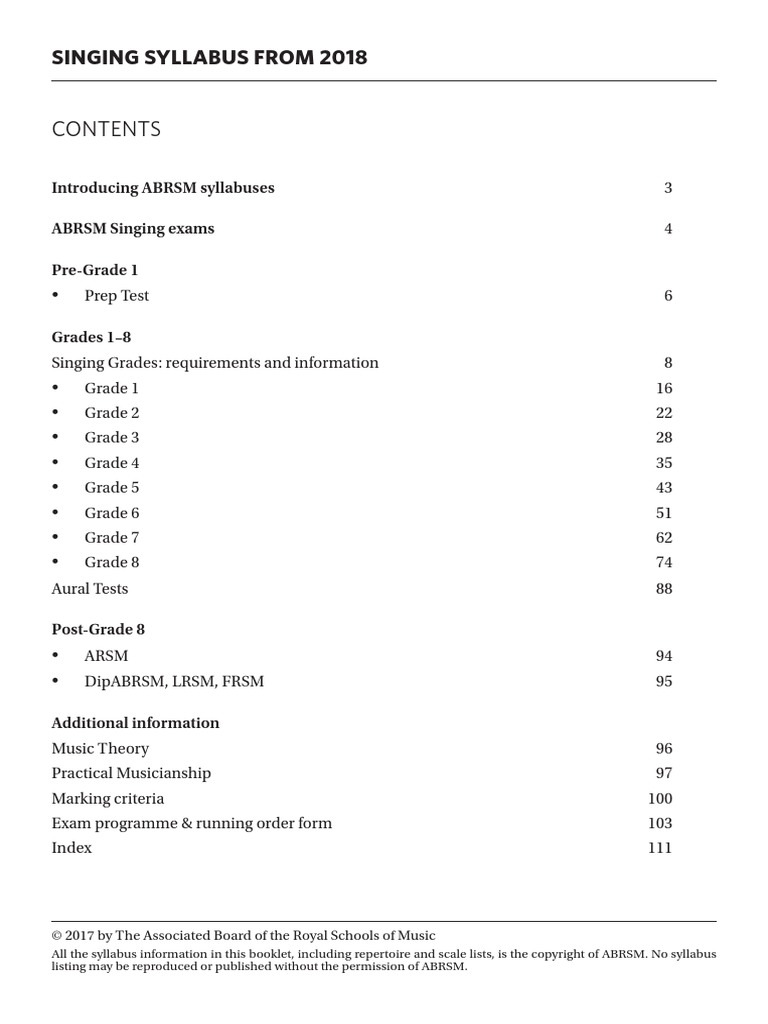 ABRSM Singing Syllabus From 2018 Test (Assessment) Musicology