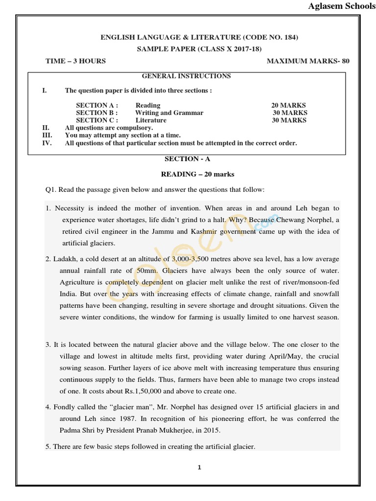 Class 10 English Sample Paper 2017-18 | PDF | Glacier | Sanitation