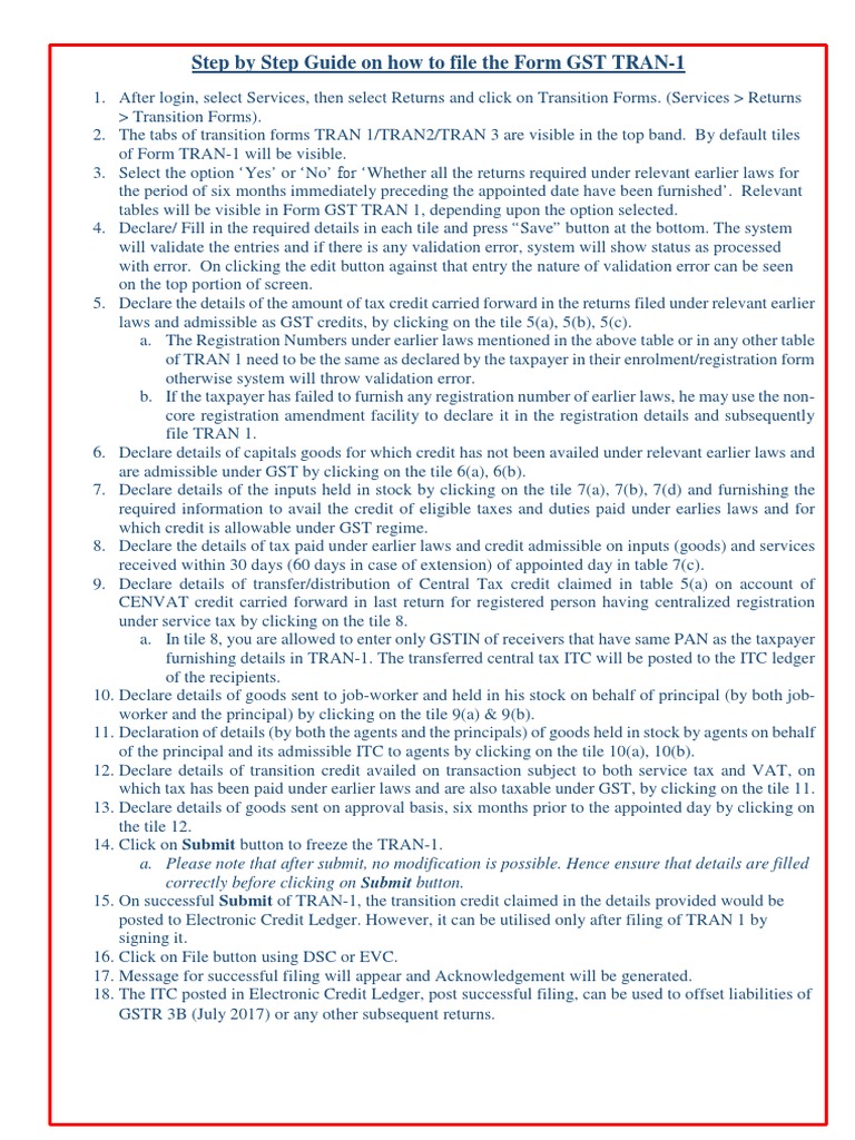 How to File GST TRAN-1: Step-by-Step Guide | PDF | Value Added Tax | Taxes
