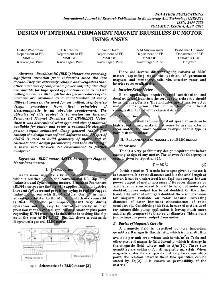 Design of Internal Permanent Magnet Brushless DC Motor Using Ansys ...