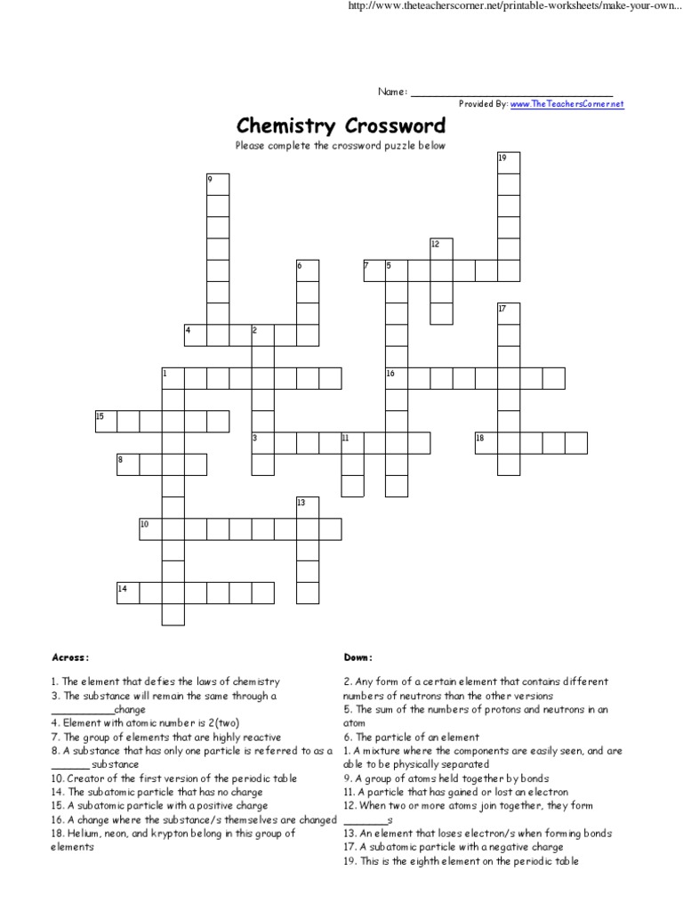 Chemistry Crossword  Atoms  Chemistry Intended For Periodic Table Puzzle Worksheet Answers