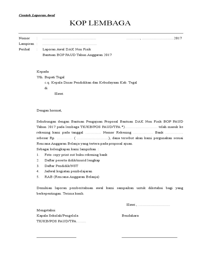 Contoh Draft Laporan Awal Dan Spj Bop Paud 2017 Copy