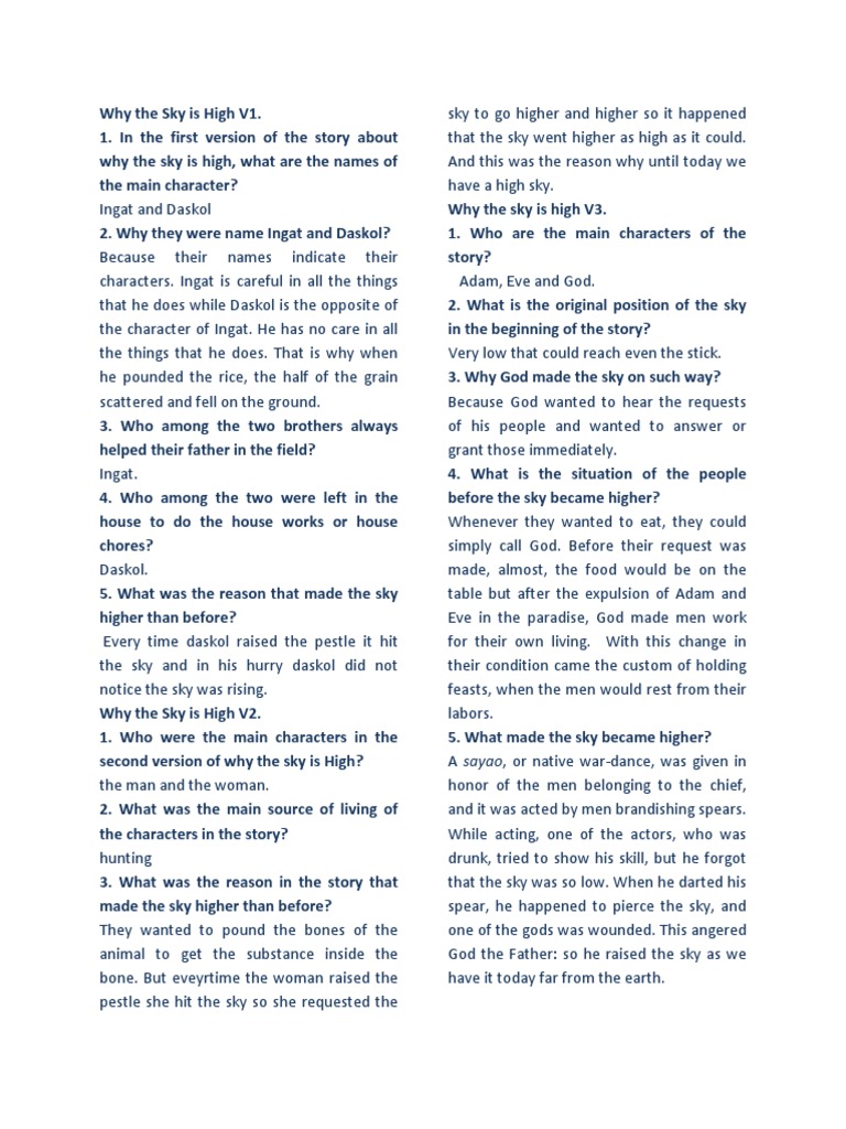 Question And Answers Why The Sky Is High V1 Pdf