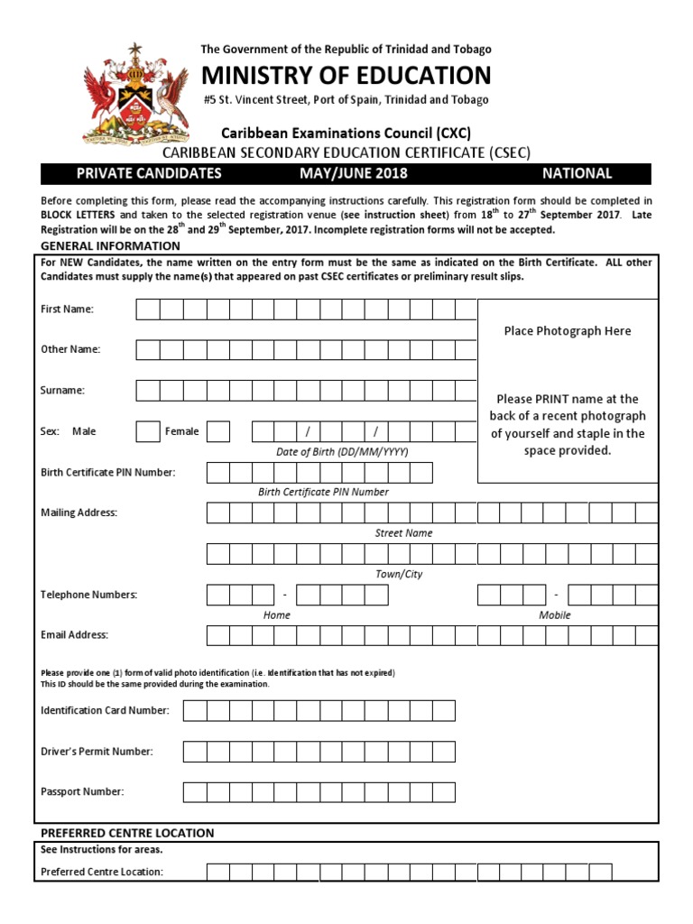 Application Form For Nationals Csec 2018 and Instructions PDF