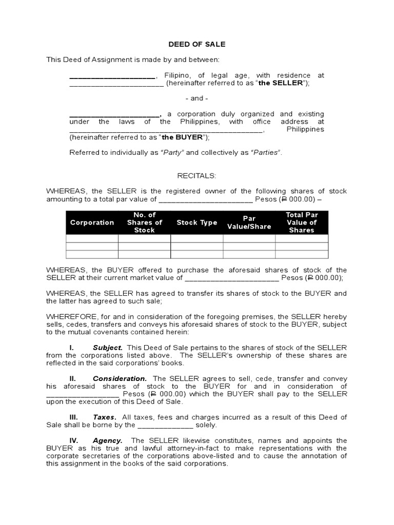 deed of assignment of shares of stocks philippines