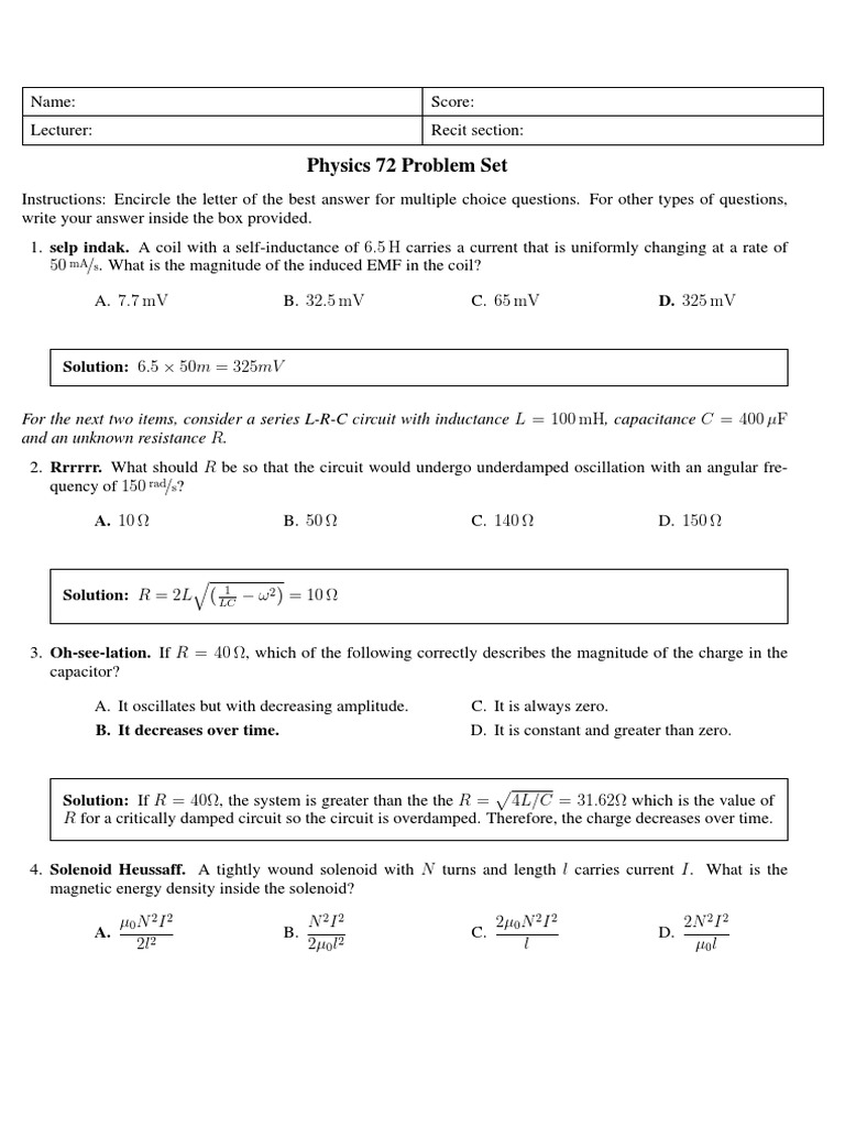 Probset 10 Solutions | PDF | Inductance | Inductor
