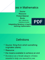 Resources in Mathematics: Source Resource Printed Material Books