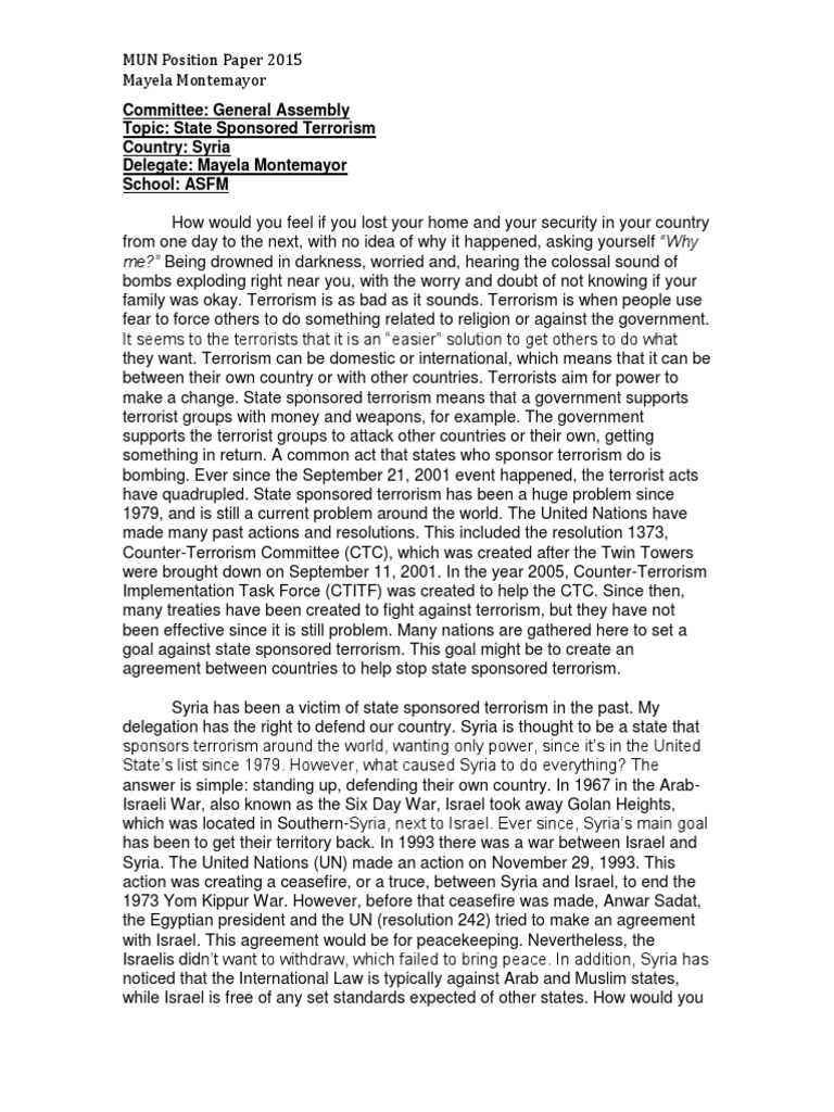 Mun Position Paper State Sponsored Terrorism 21e4z3t Israel World Politics