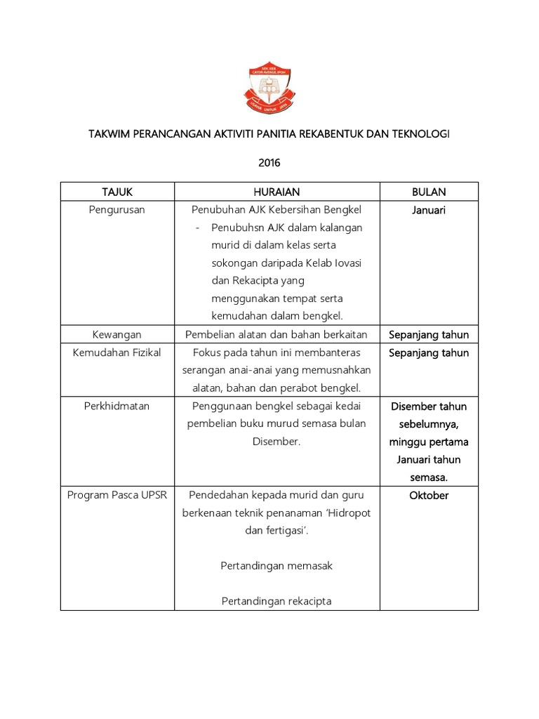 Takwim Perancangan Aktiviti Panitia Rekabentuk Dan Teknologi Pdf