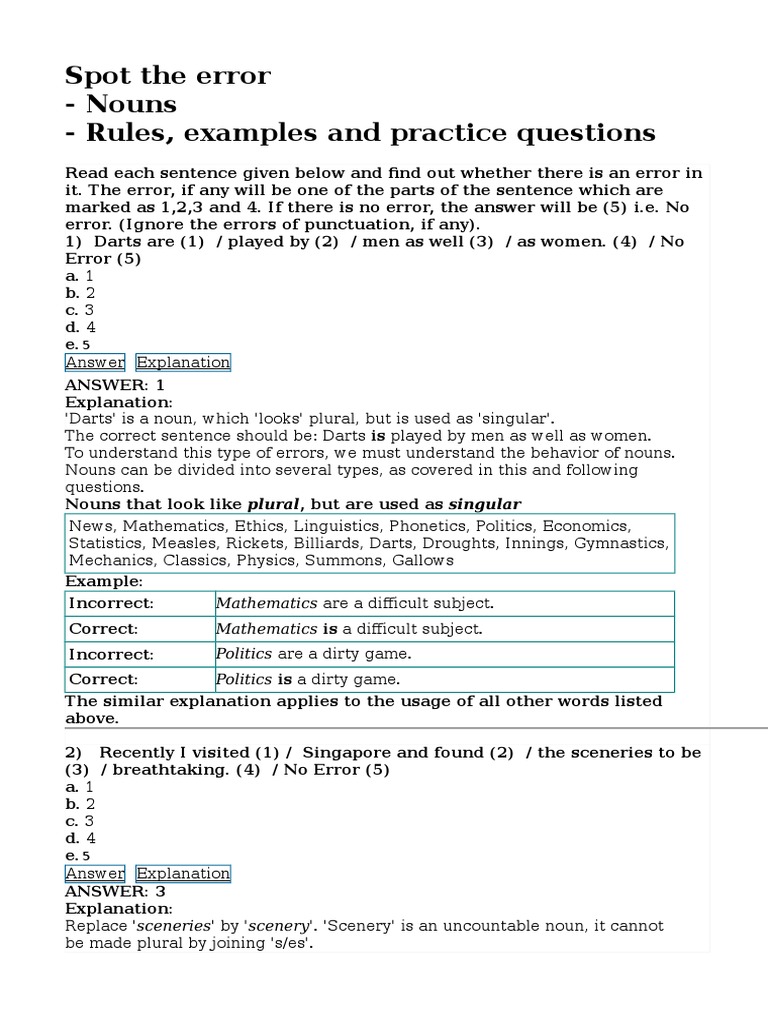 Spot The Error Nouns Grammatical Number Noun