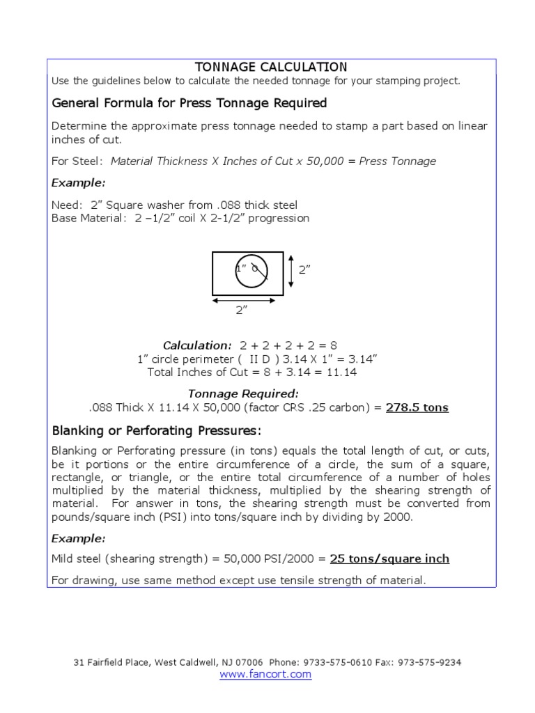 Tonnage Calculation General Formula For Press Tonnage Required PDF