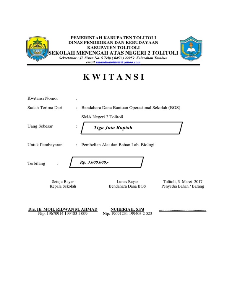 Contoh Kwitansi Pembayaran Dana Bos | Revisi Id