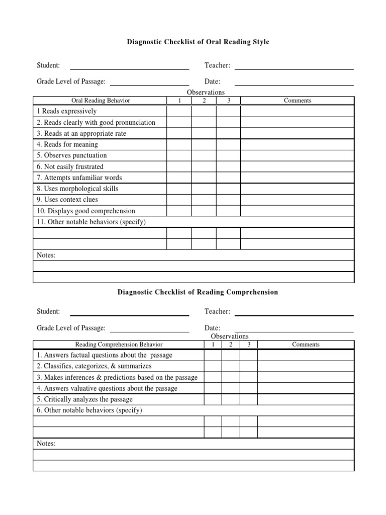 Shanker-Ekwall RDG Diagn Chklists | PDF | Reading Comprehension | Semiotics