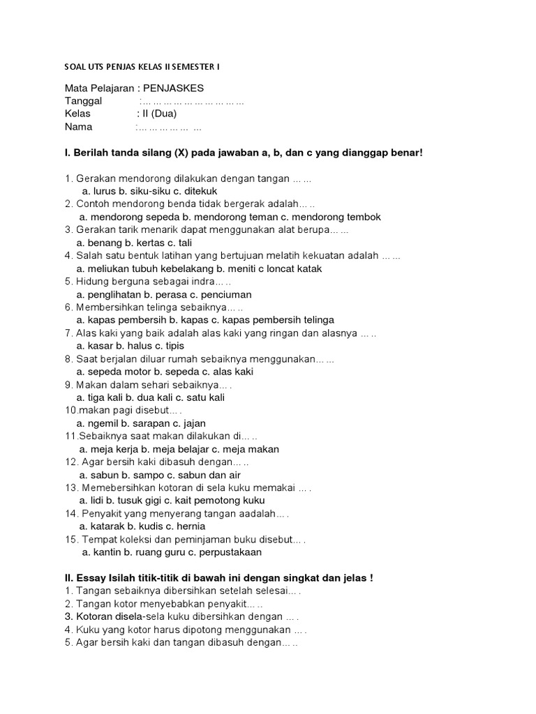 Soal Uts Penjas Kelas Ii Semester I